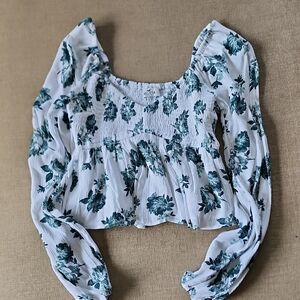 Hollister White Top with Teal Green Floral Print